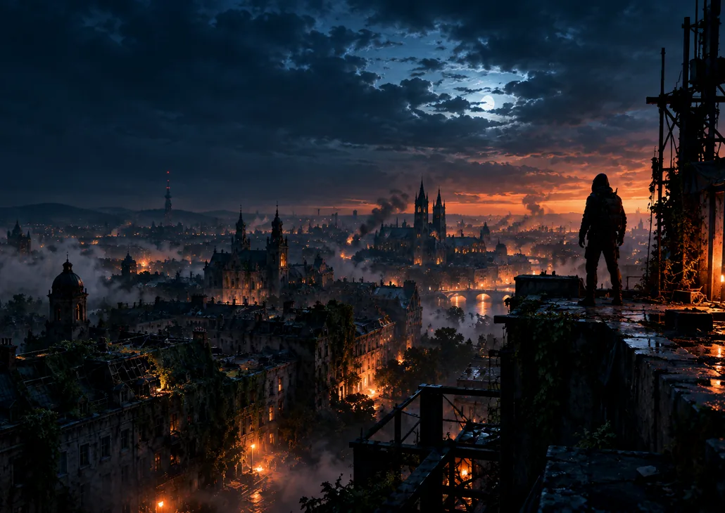 Original atmospheric illustration of a ruined city at night