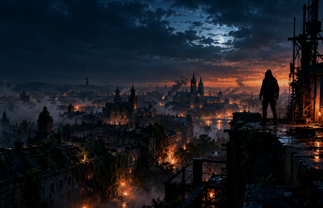 Original cinematic artwork of a fictional post-apocalyptic city