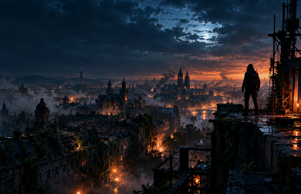 Original cinematic artwork of a fictional post-apocalyptic city