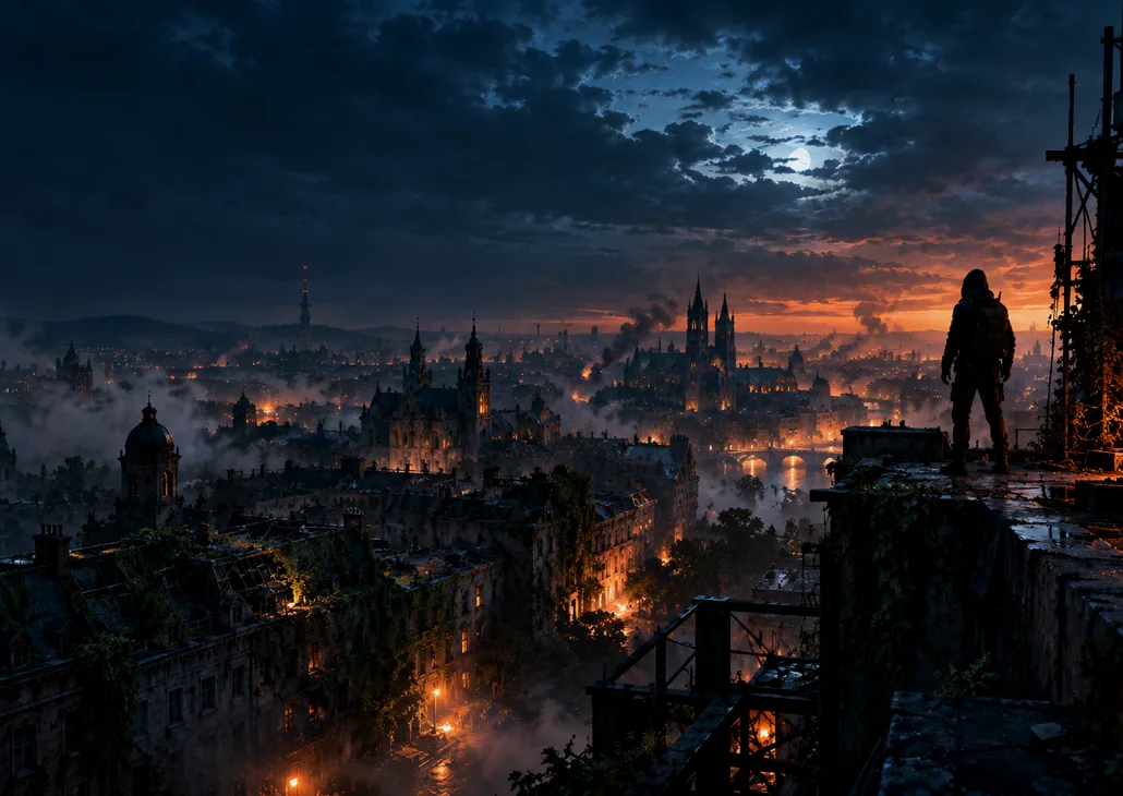 Original atmospheric illustration of a ruined city at night